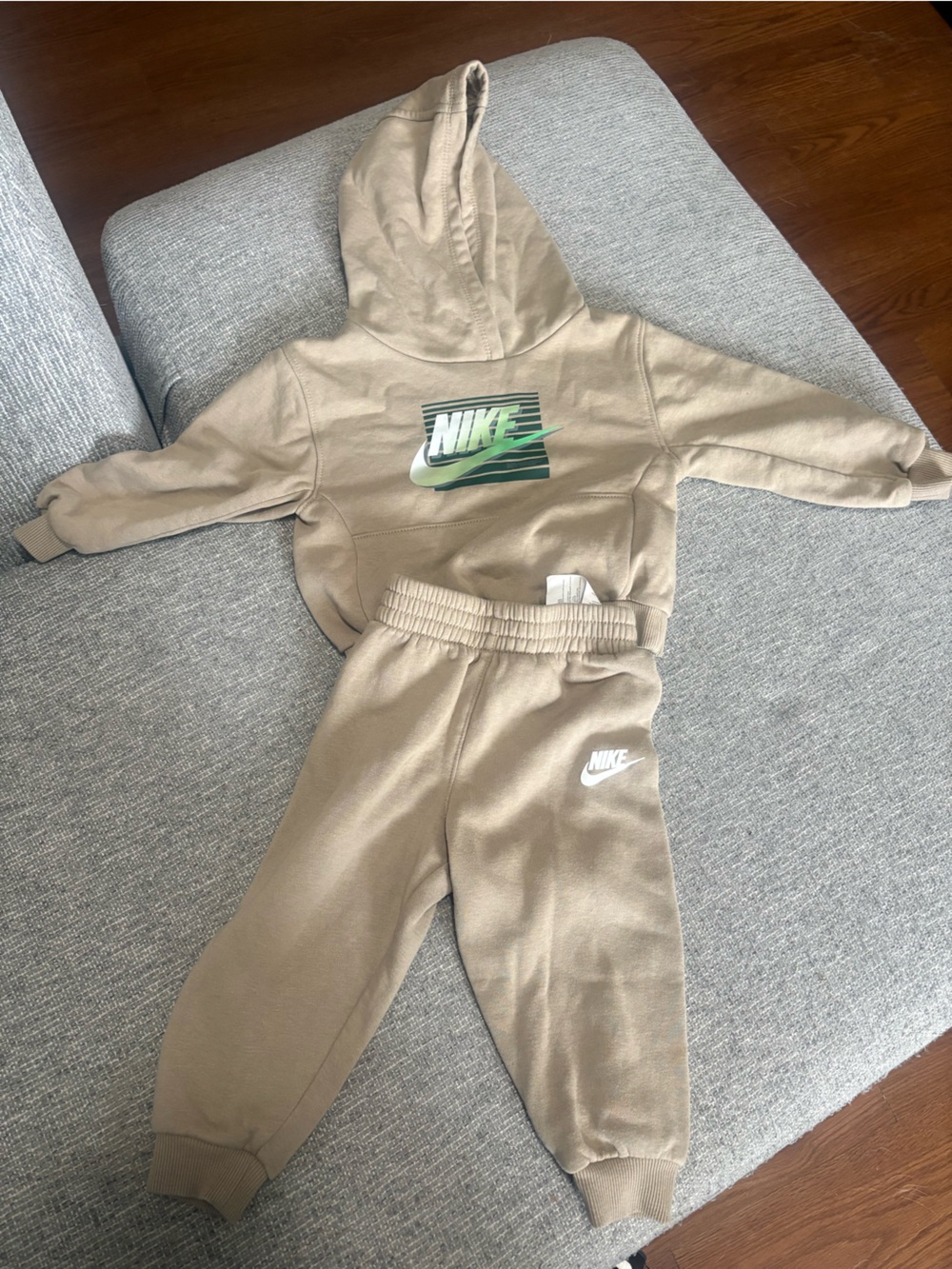 Nike Kids Tan Hooded One-Piece Jumpsuit with Green Logo